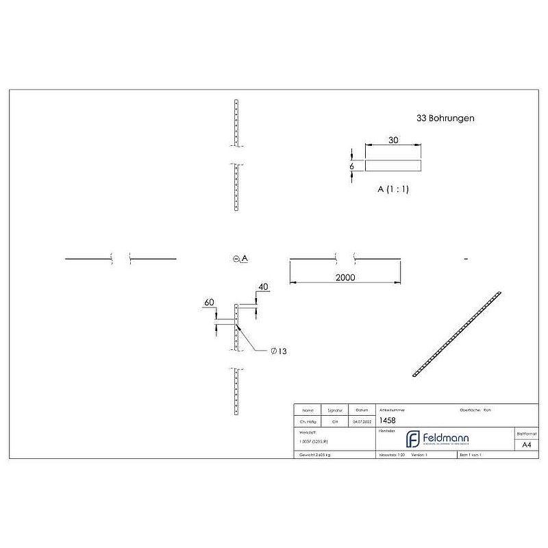 Lochleiste 30x6mm, Lochabstand 60mm, 2000mm