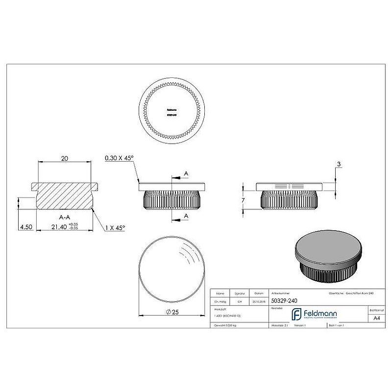 Bouchon pour extrémité de tube, pour tube 25,0x2,0mm, V2A