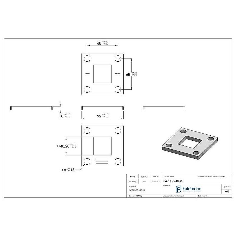 Plaque d'ancrage, 92x92x8mm, avec ponçage longitudinal, V2A