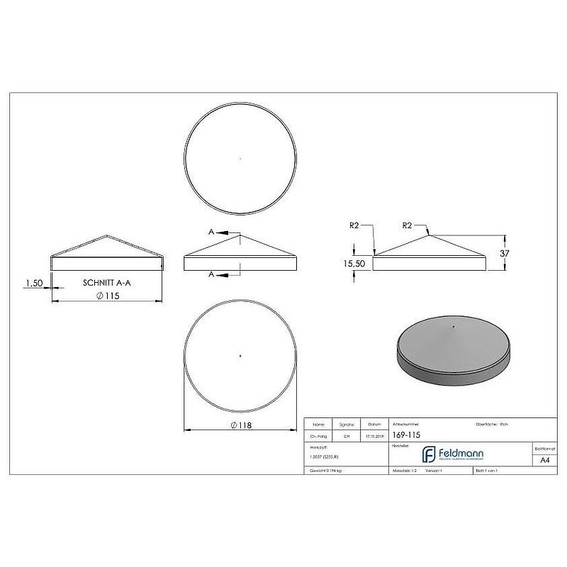 Capuchon pour tube rond Ø115mm