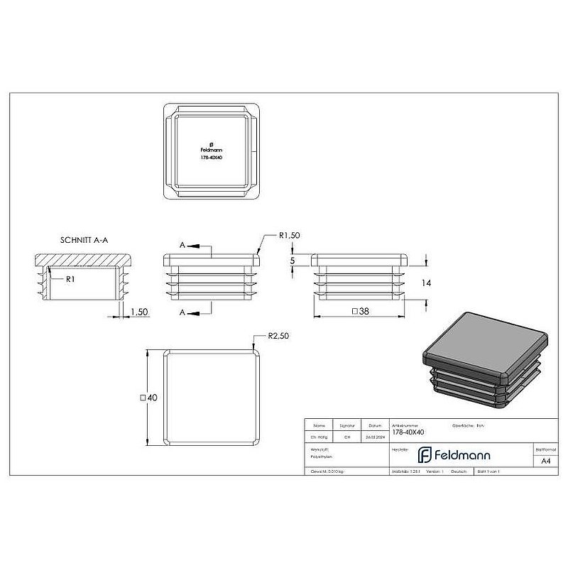 Plastic end cap for square tube 40x40mm