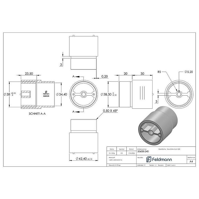 Connector for 42.4 mm wood handrails, AISI304