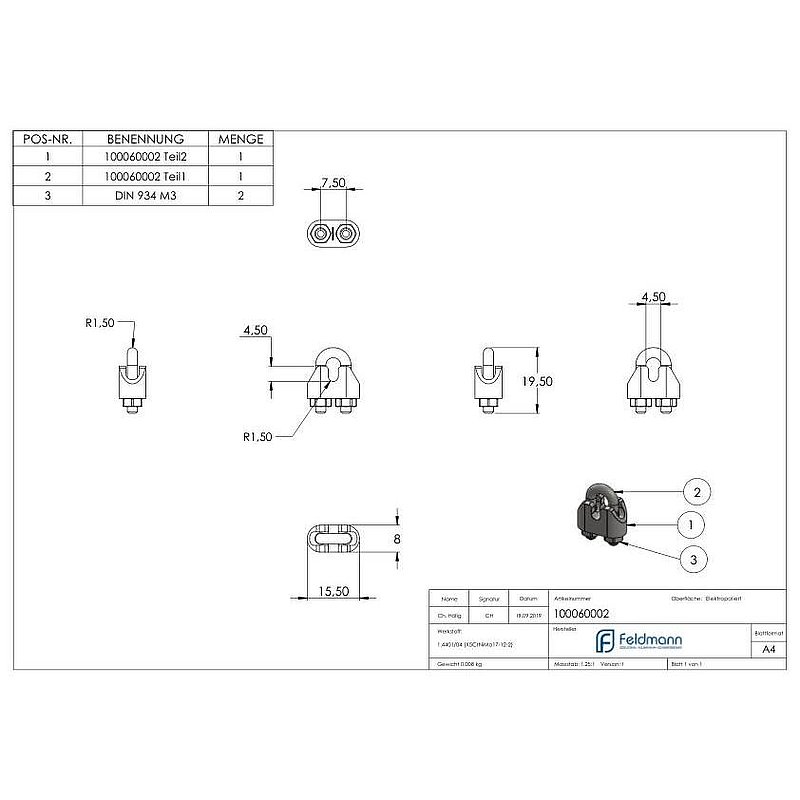 Drahtseilklemmen für Seil 2mm, mit Gew. M4, V4A