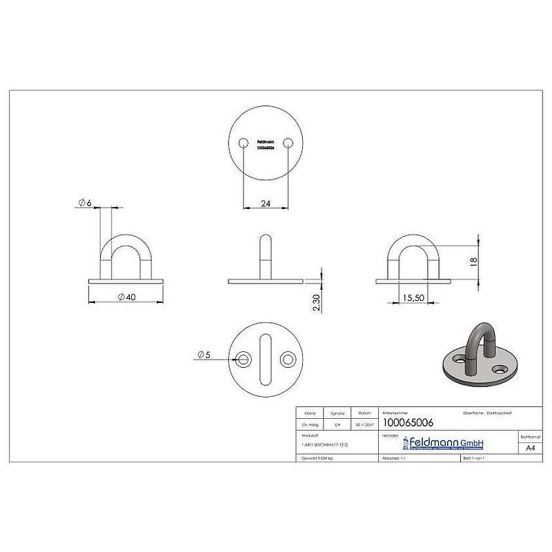 Fixing eyelet, round bar: 6mm, AISI316