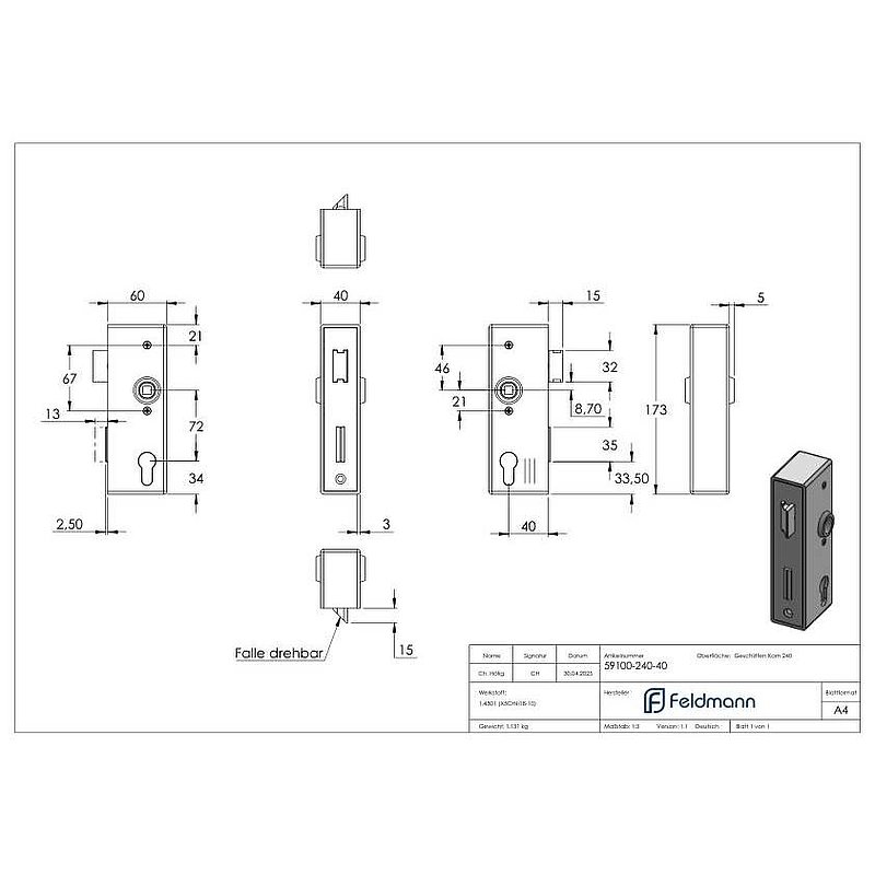 Serrure acier zinguée avec coffre en acier inoxydable, dimensions: 40x60x173mm