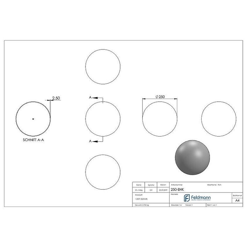 Boule creuse en fer Ø 250x2,0 - 2,5mm
