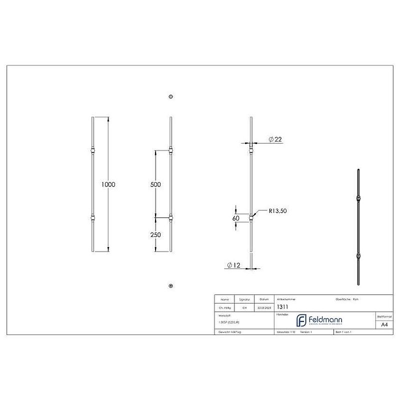 Stab Ø 12mm glatt, H: 1000mm