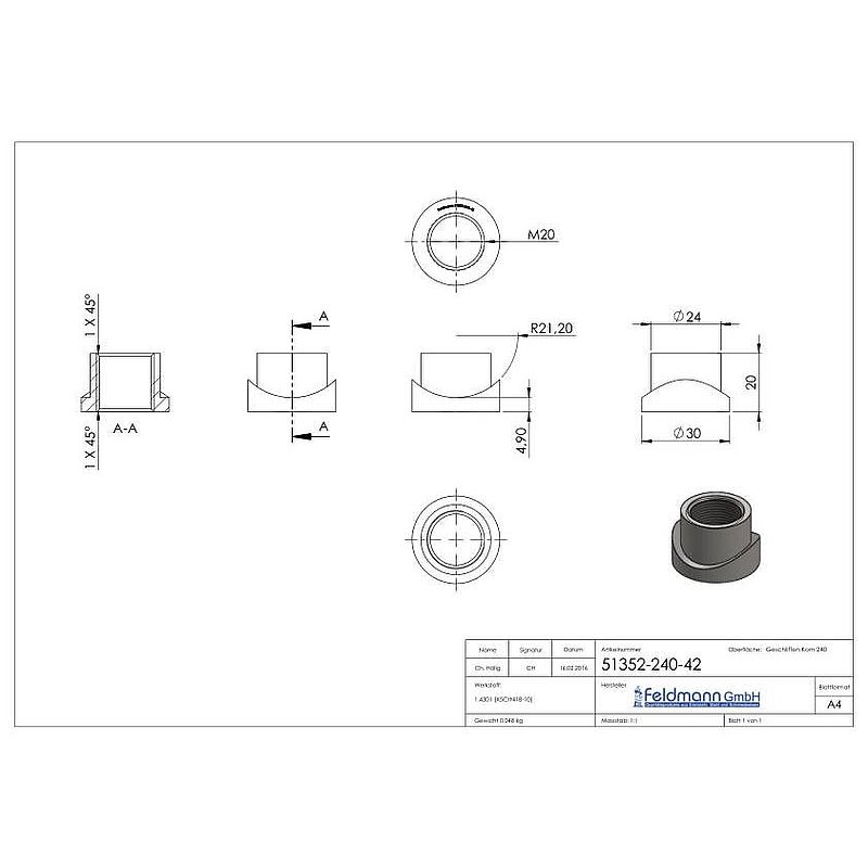 Threaded sleeve, suitable for hinge 120-M20-VA, for tube 42.4 mm, AISI304