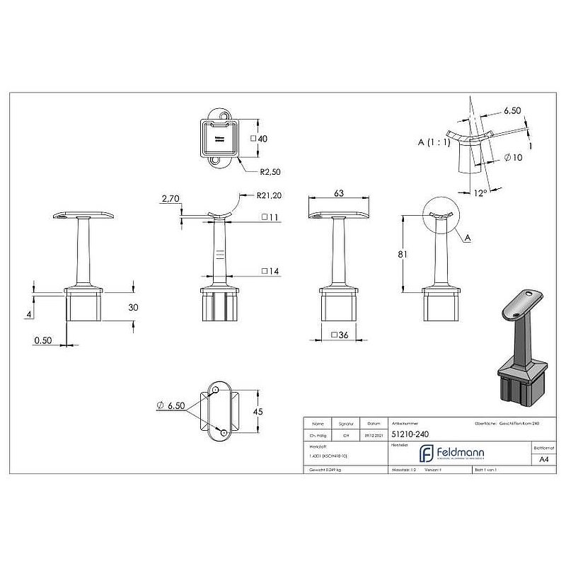Tube end plug with pin for tube 40x40x2mm, AISI304