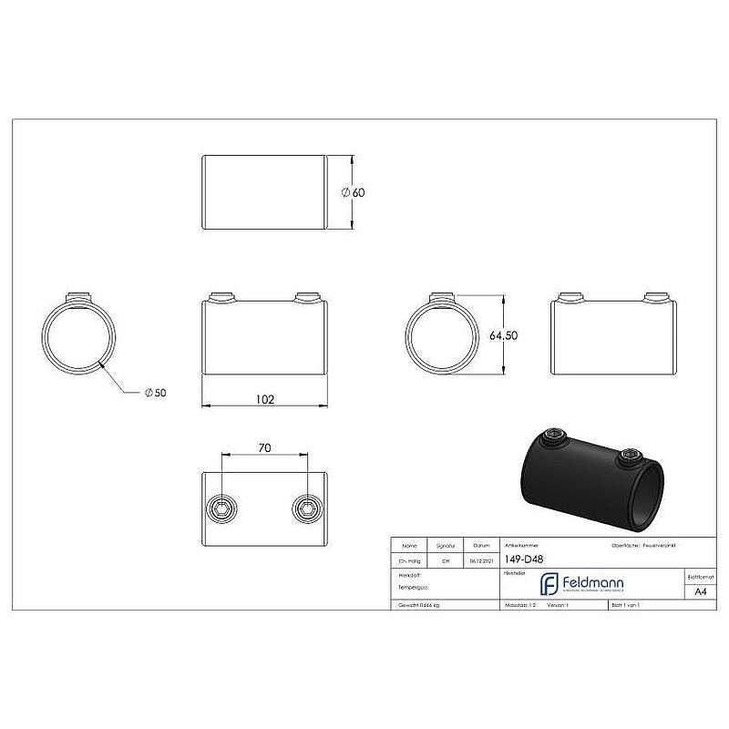Connector, straight, for pipe Ø 48.3mm