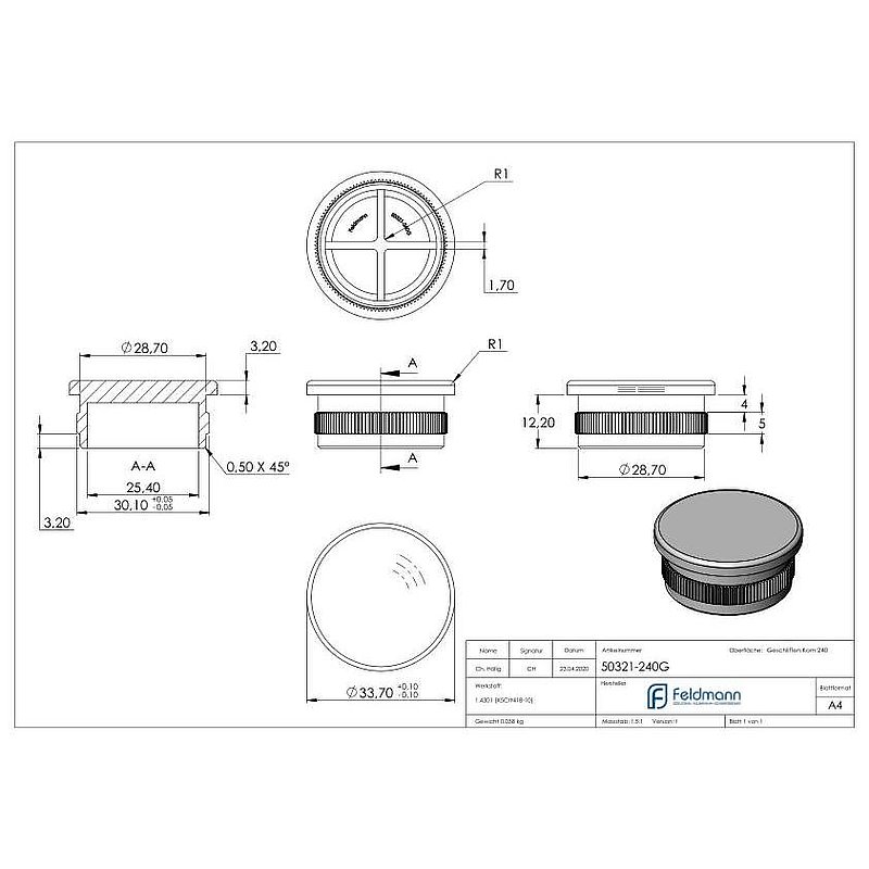 Rohrabschlussstopfen, für Rohr 33,7x2,0mm, V2A