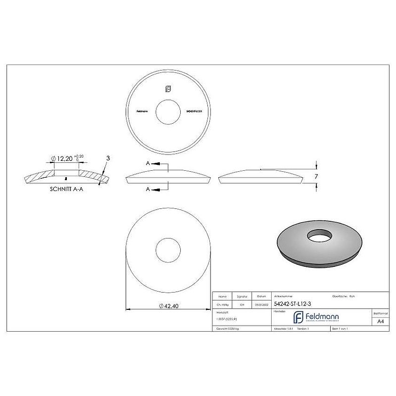 Coquille semi-sphérique Ø 42,4mm, trou Ø12,2mm