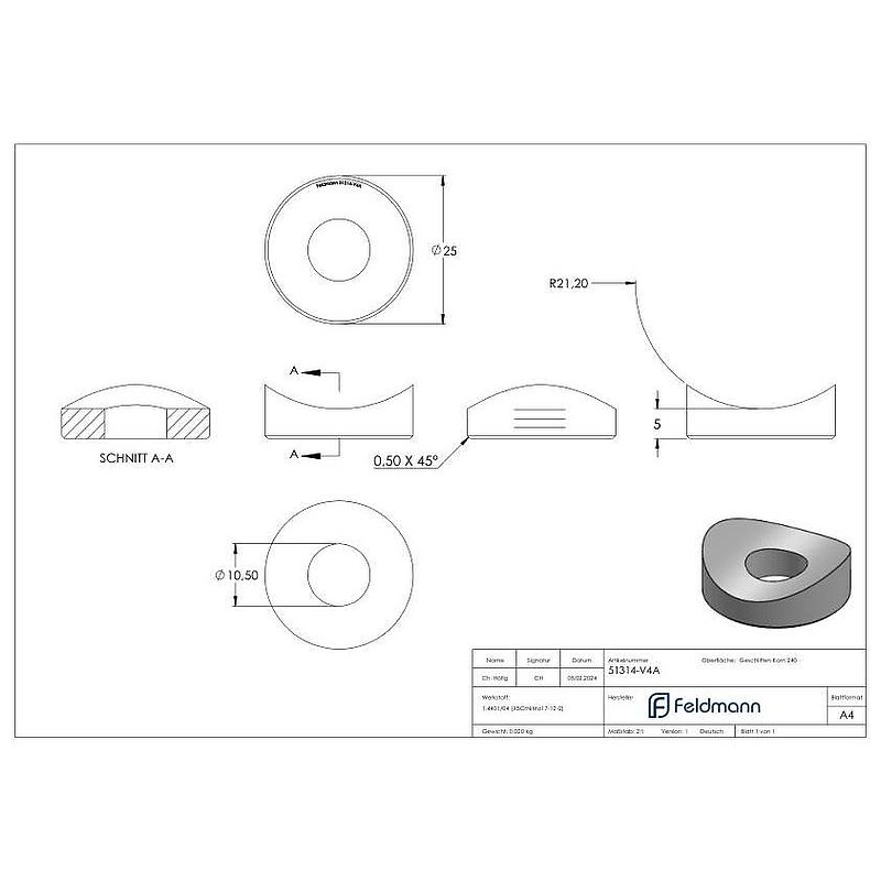 Pièce de compensation (sans trou chanfreiné) pour tube Ø 42,4mm, Ø 25mm, V4A