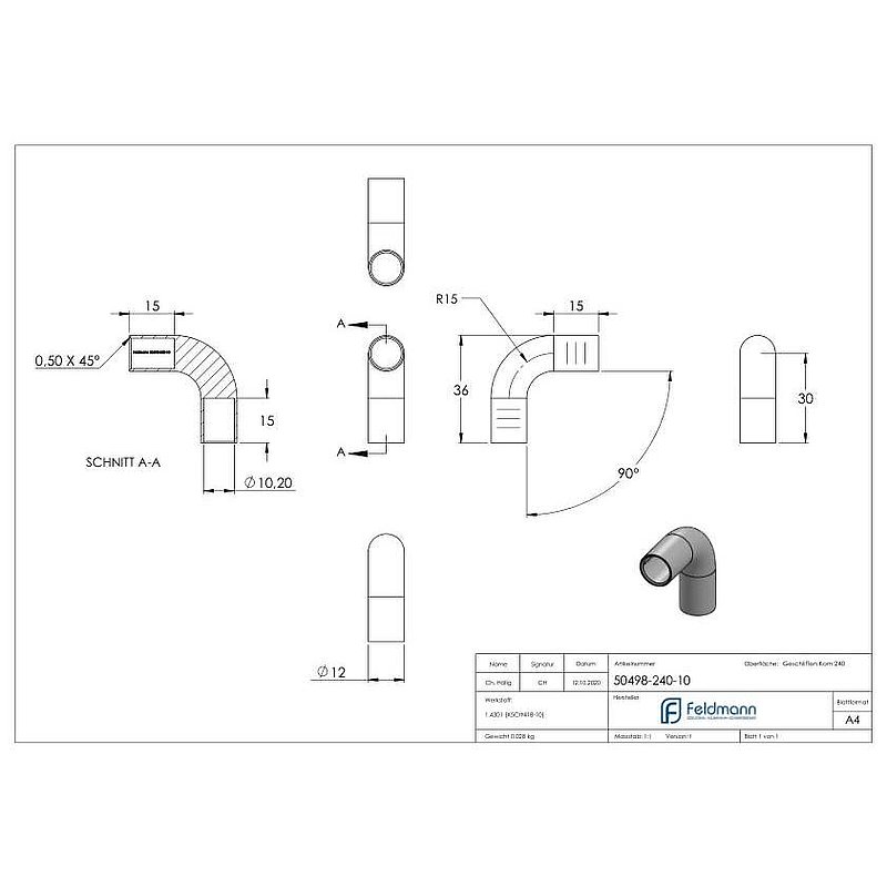 Round bar connector for Ø 10mm, 90°, AISI304