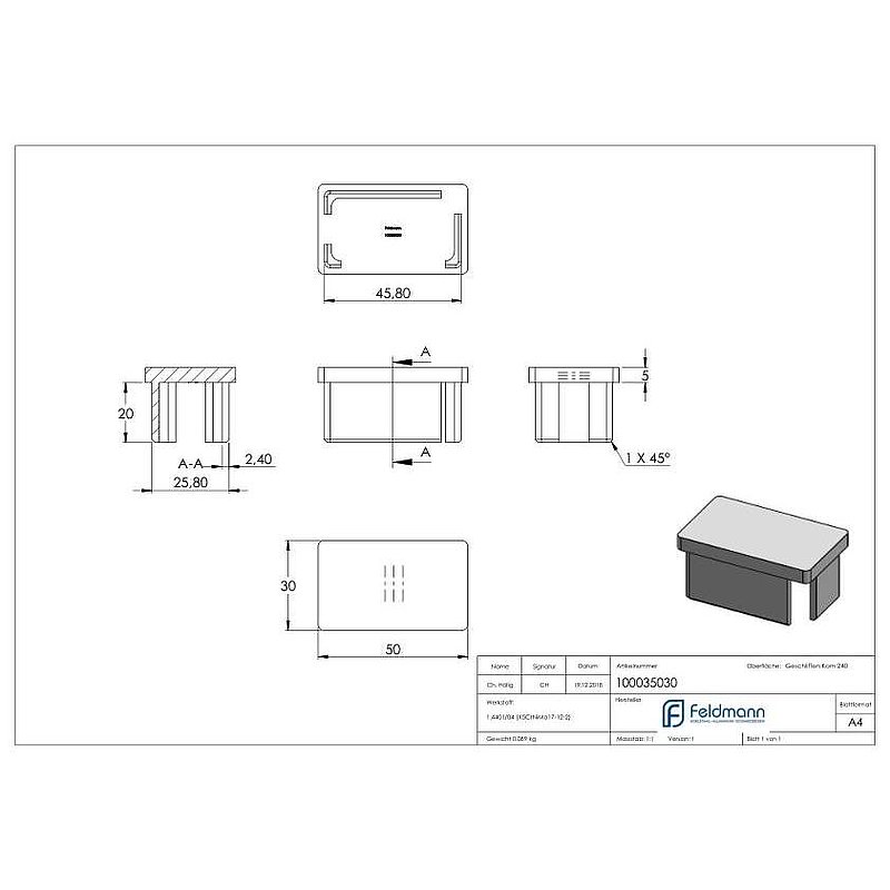 Capuchon à enfoncer, pour tube 50x30x2,0mm, V4A