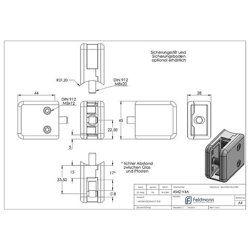 Glass clamp mod. 45, connection: 42.4mm, AISI316