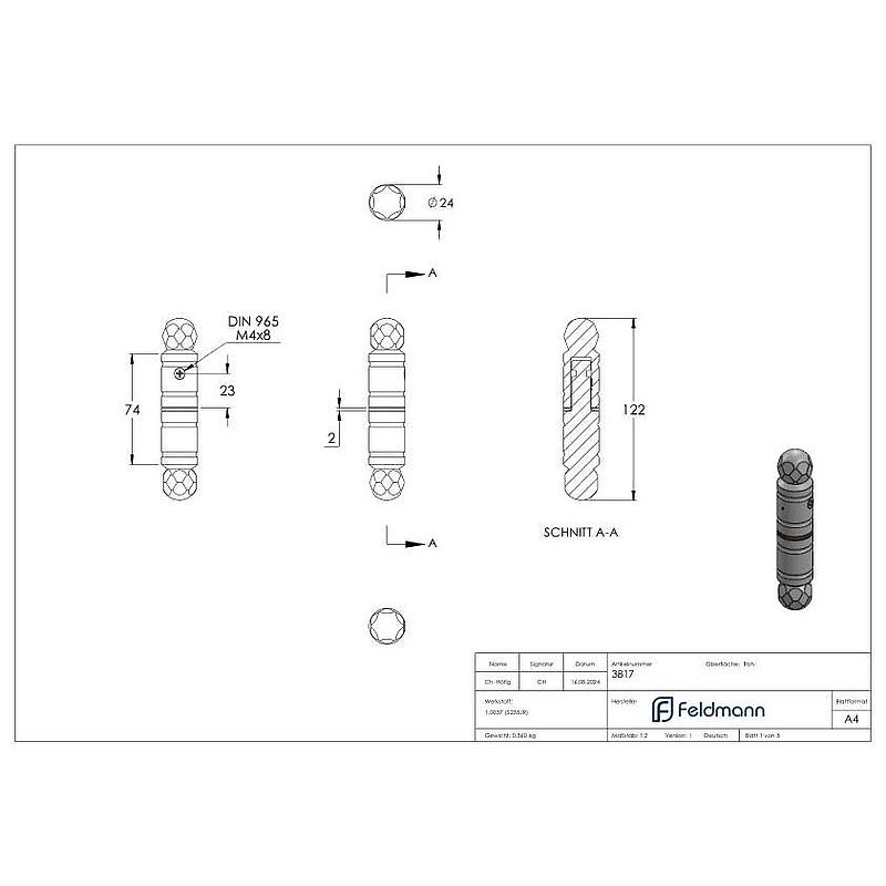 Security door hinge, 122 x 24mm