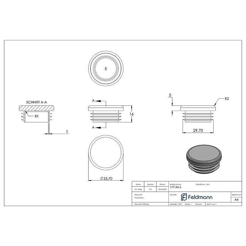 Kunststoffkappe für Rundrohr 33,7mm