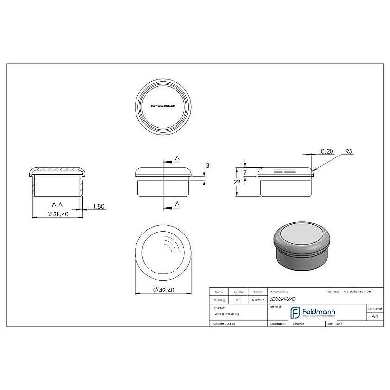 Bouchon pour extrémité de tube, pour tube 42,4x2,0mm, V2A