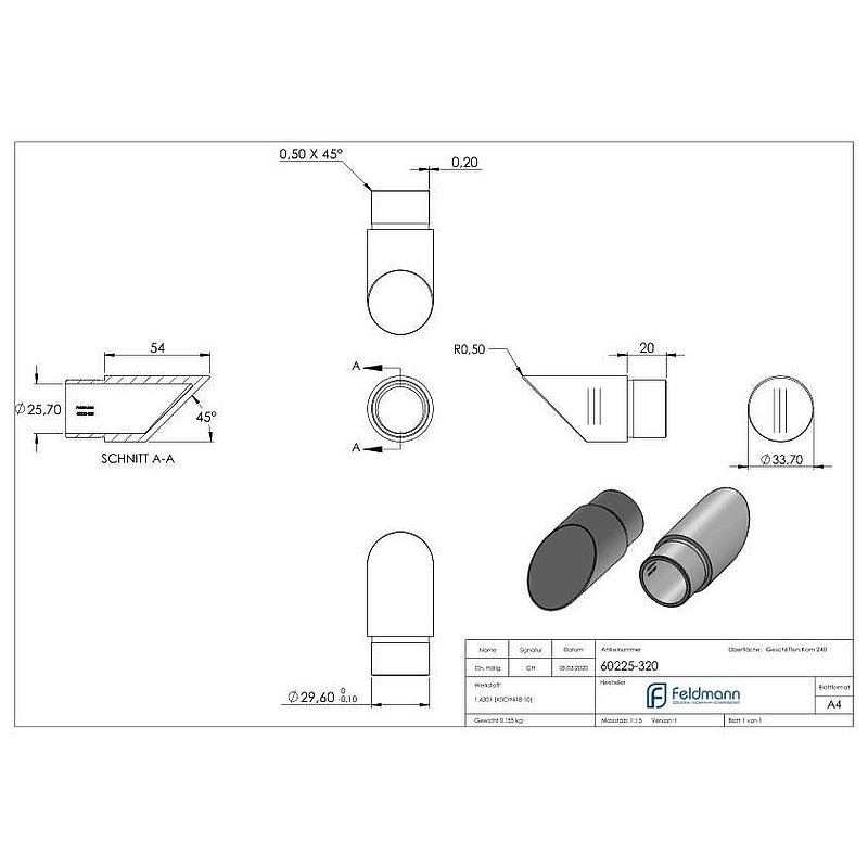 End bend 45°, for tube 33.7x2.0mm, AISI304