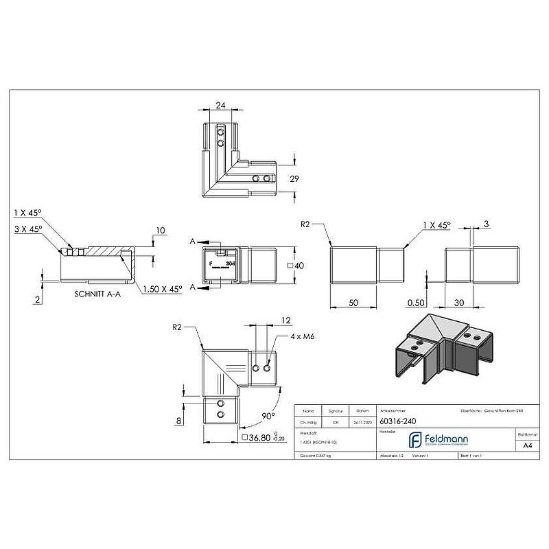 Eckbogen, horizontal, für Nutrohr 40x40mm, V2A