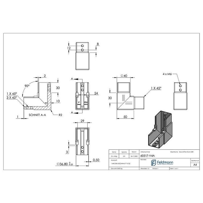 Eckbogen, vertikal, für Nutrohr 40x40mm, V4A