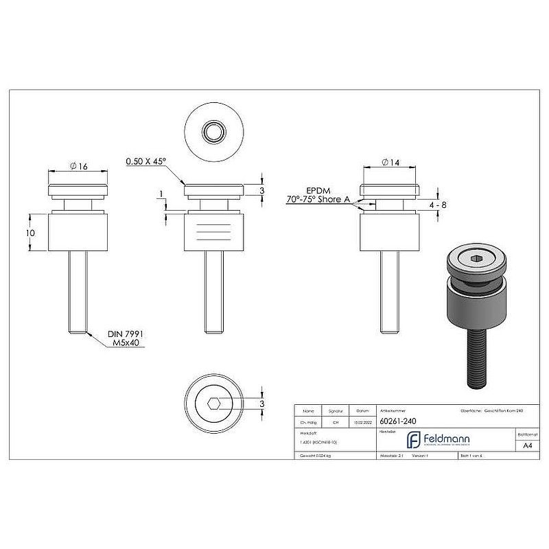 Glass point holder 16mm, connection: flat, AISI304