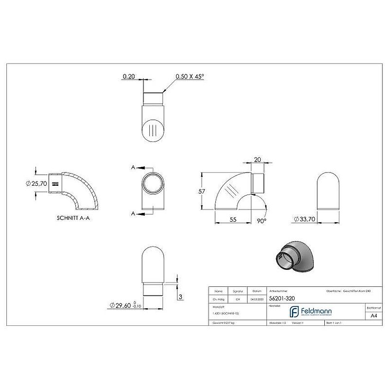 End bend 90° flat, for tube 33.7x2.0mm, AISI304