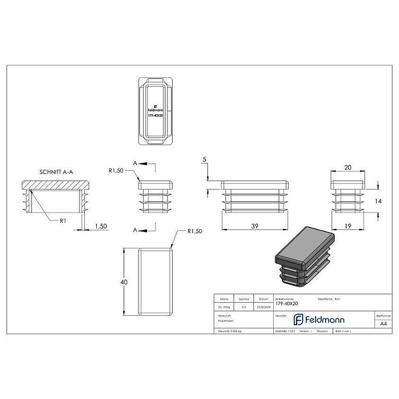 Bouchon plastique pour tube rectangulaire 40x20mm