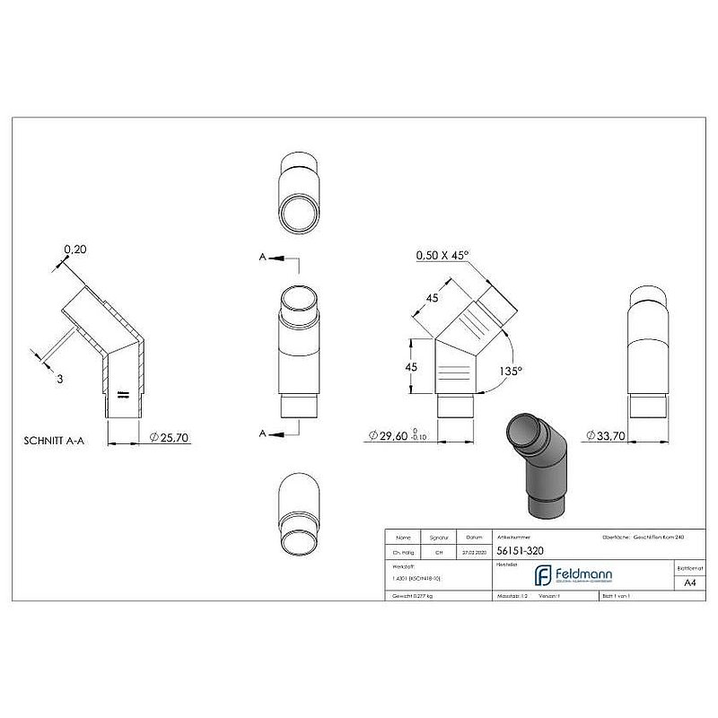 Eckstück 135°, für Rohr 33,7x2,0mm, V2A