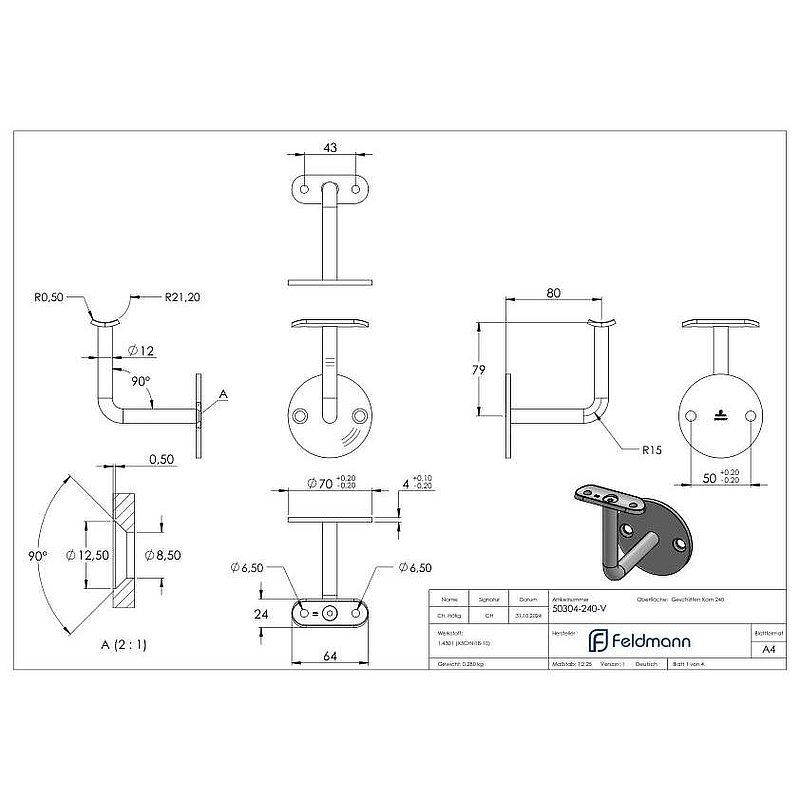 Handrail bracket with handrail connection plate 42.4 mm (round plate and bracket welded),