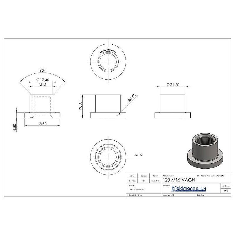 Threaded sleeve, suitable for hinge 120-M16-VA , AISI304