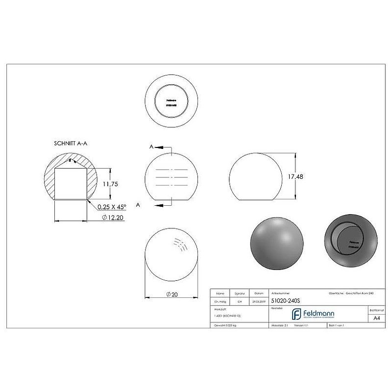 Vollkugel Ø 20mm mit Sackloch 12,2mm, V2A