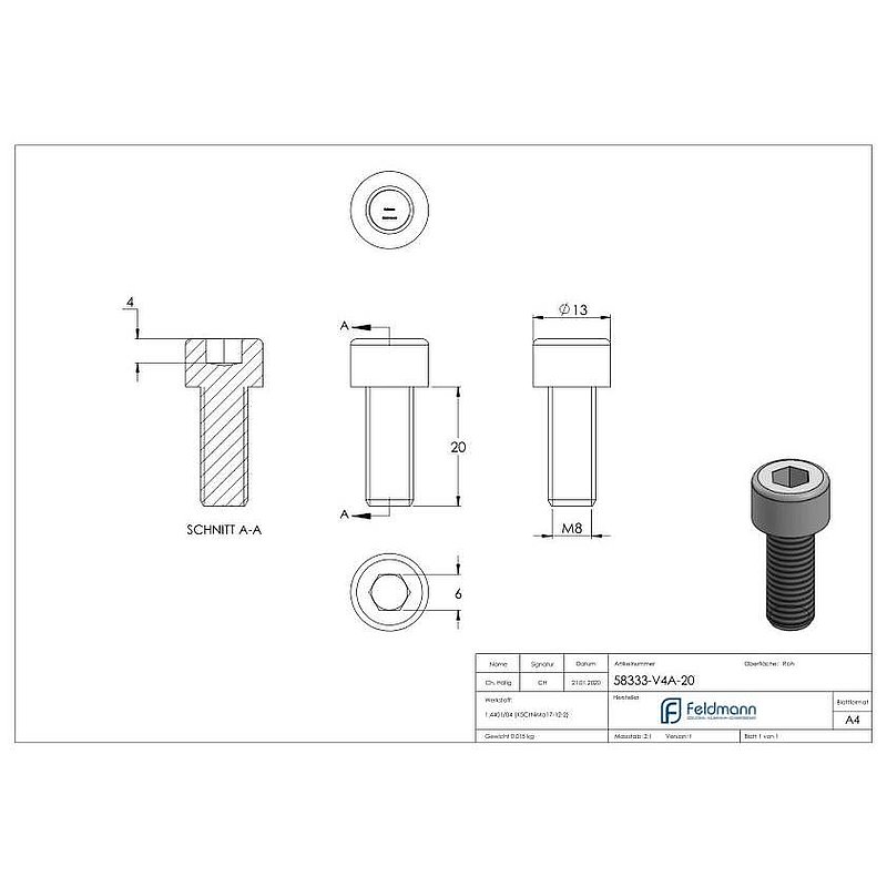 Vis à tête cylindrique M8x20, V4A, DIN 912