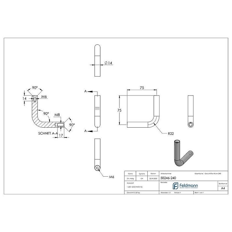 Bracket Ø 14mm, 90° bent, AISI304