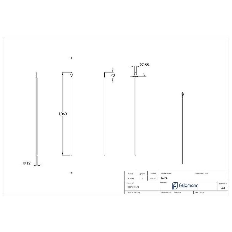 Zaunstab Ø 12mm, H: 1060mm, konisch mit Zaunspitze
