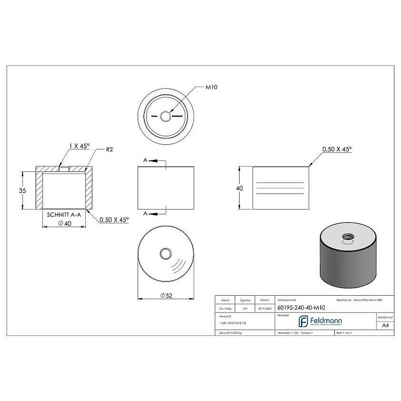 Unterteil für 52mm Glaspunkthalter, t: 40mm, mit M10, V2A