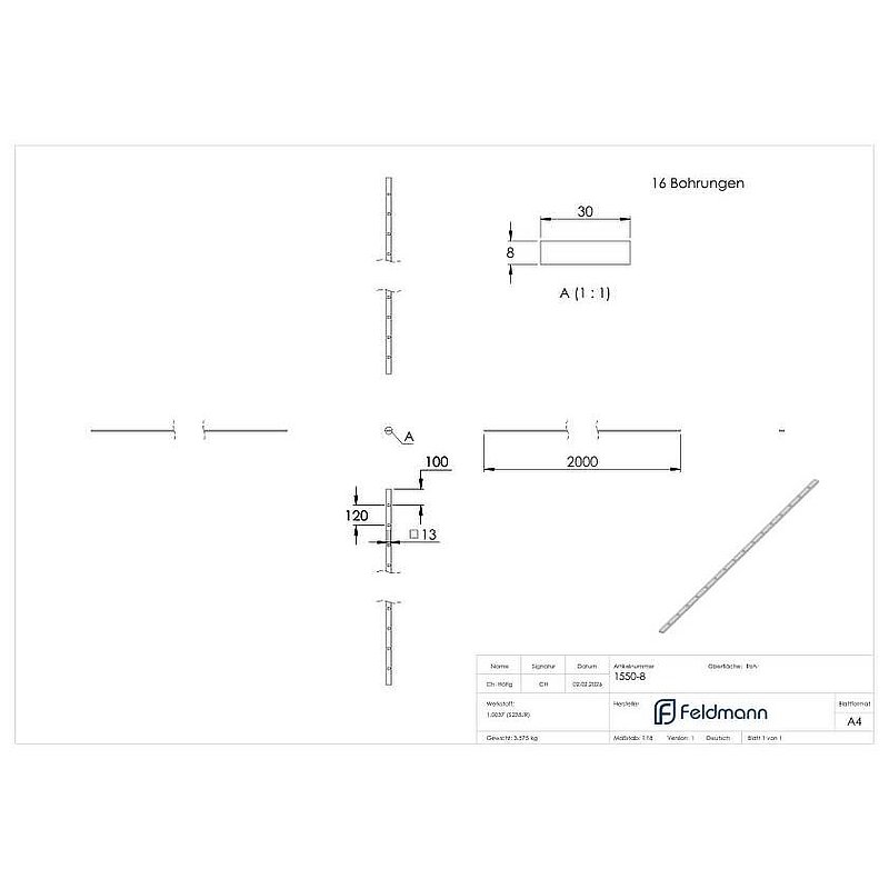 Lochleiste 30x8mm, Loch für 12x12mm, Lochabstand 120mm, 2m