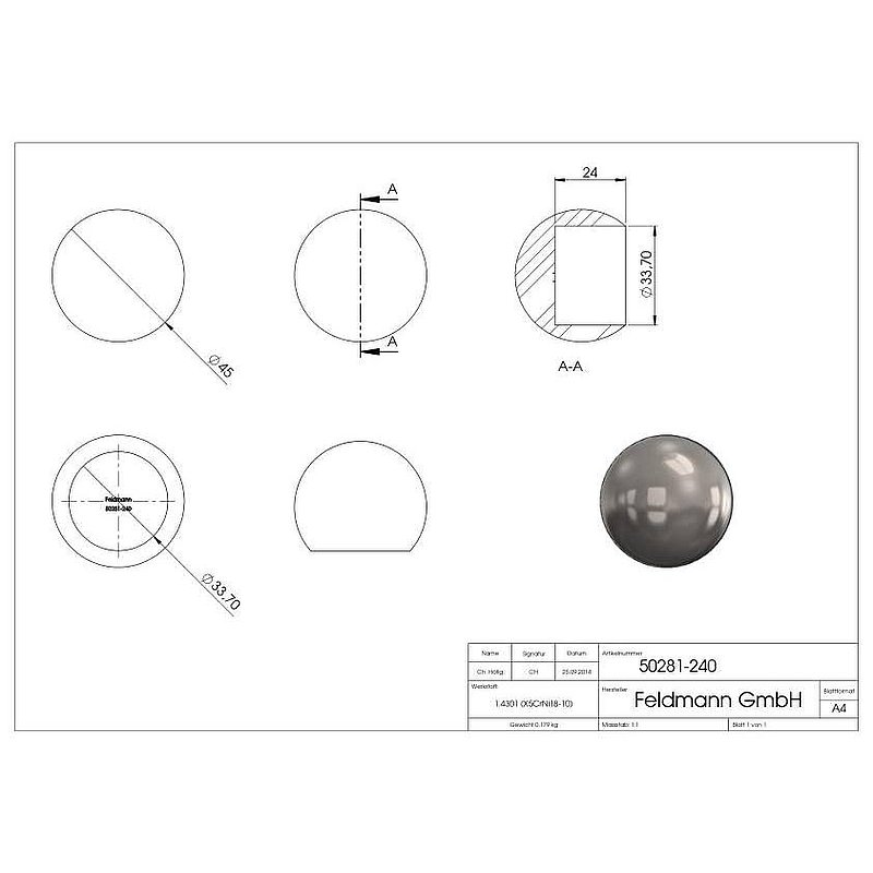 Rohrabschlusskugel, für Rohr 33,7mm, Ø 45mm, V2A