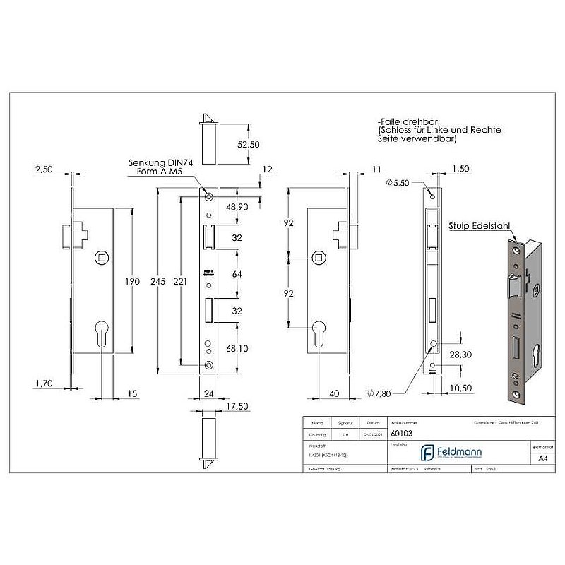 Galvanised tubular frame lock, spacing 92 mm galvanised, backset 40mm