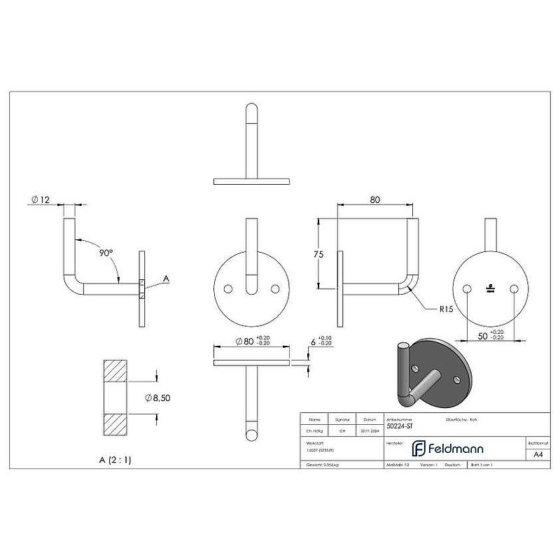 Handrail support with flat round plate, 80x6mm, elbow Ø 12mm