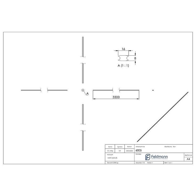 Flat bar S235JR, 16x8mm, L: 3300mm