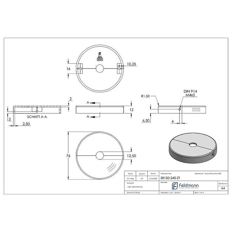 Rosace de recouvrement, 76x12mm, perçage Ø 12.5mm, en deux parties, V2A