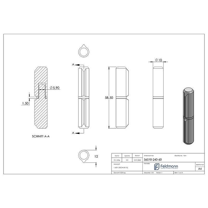 Anschweißband, L: 60mm, mit festem Stift, V2A