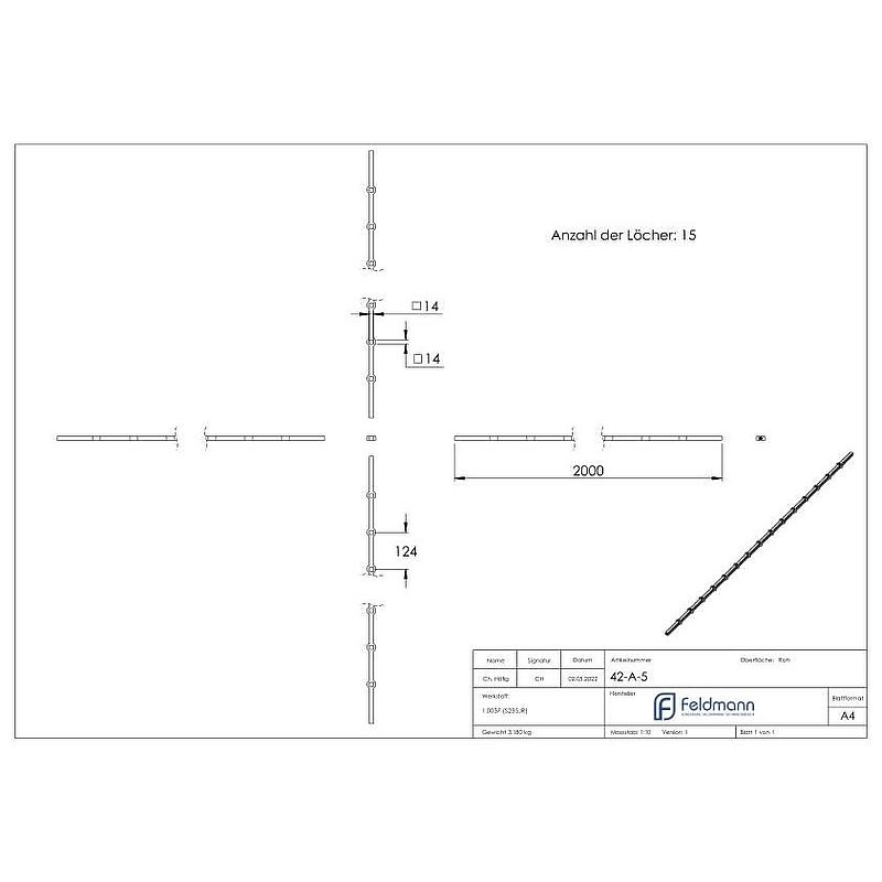 Perforated strip S235JR, 14x14mm, hole spacing 124mm, 2000mm