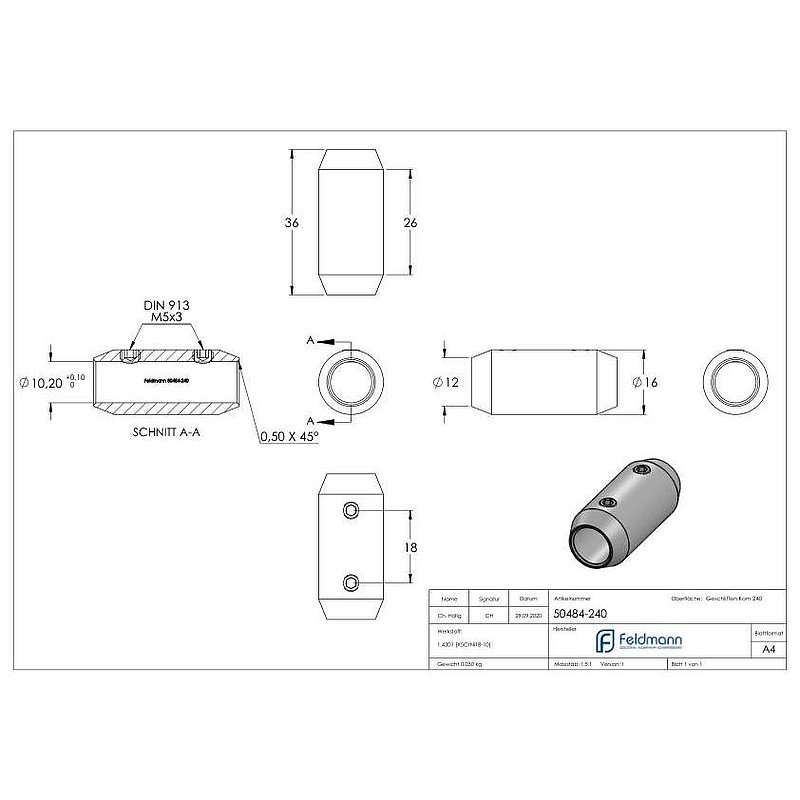 Bar connector for 10mm round, L: 36mm, Ø 16mm, AISI304