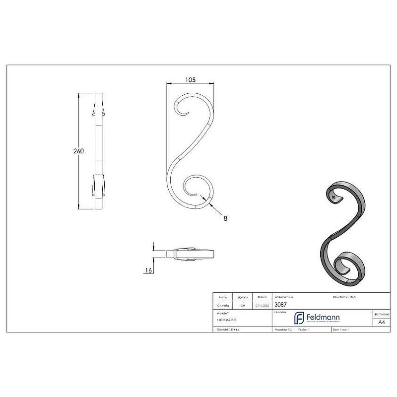 S-Schnecke 16x8mm, 260x105mm