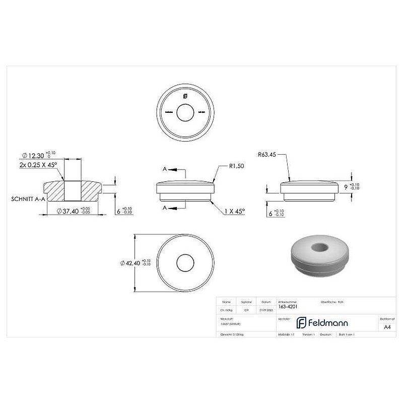 Embout en acier légèrement bombé pour tube 42,4 x 2,5mm avec alésage de 12,3mm