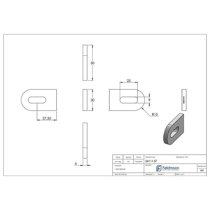 Weld-on bracket 50x30x6mm