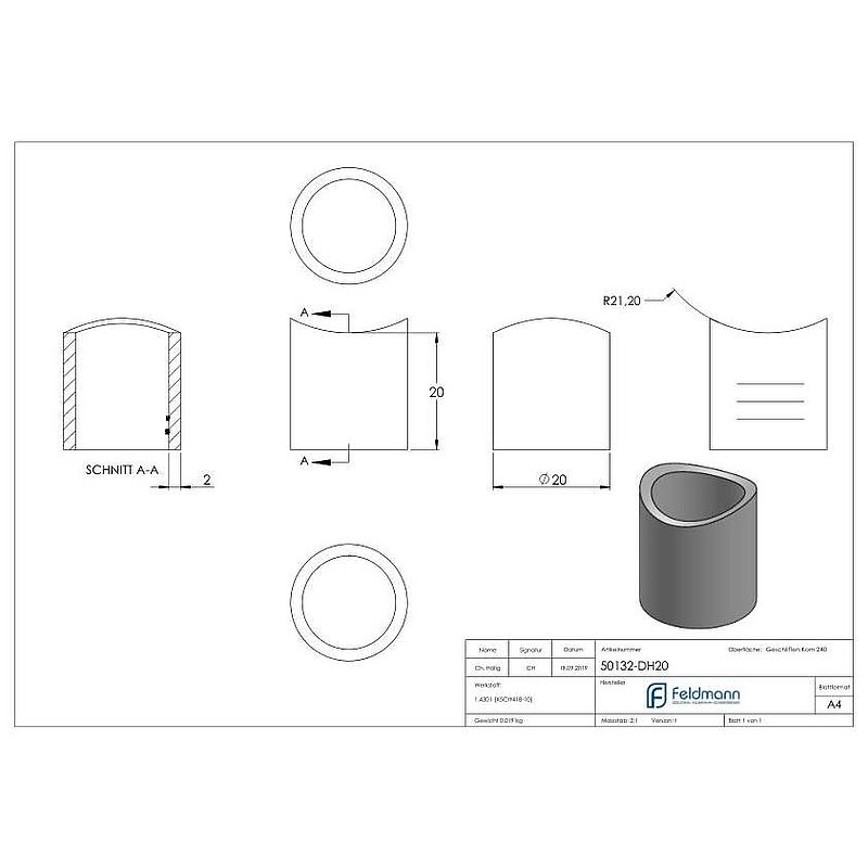 Distanzhülse, L: 20mm, für 42,4mm, V2A